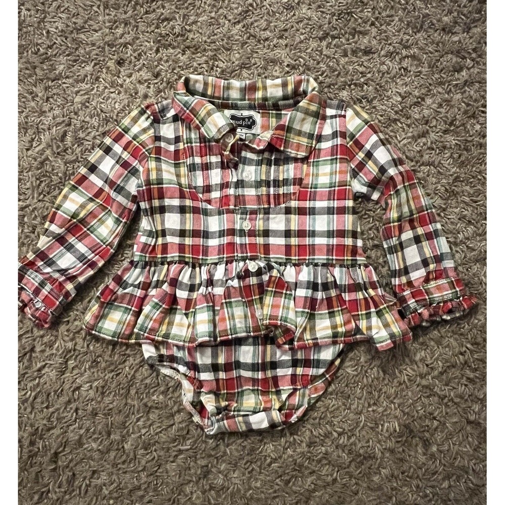 Mud Pie Baby Girls 0-6 Months Red Tartan Plaid Ruffled Holiday Skirted Bodysuit